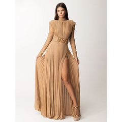 Radiant Grace Pleated High-Neck Maxi Dress – Long Sleeves & V-Back Evening Elegance