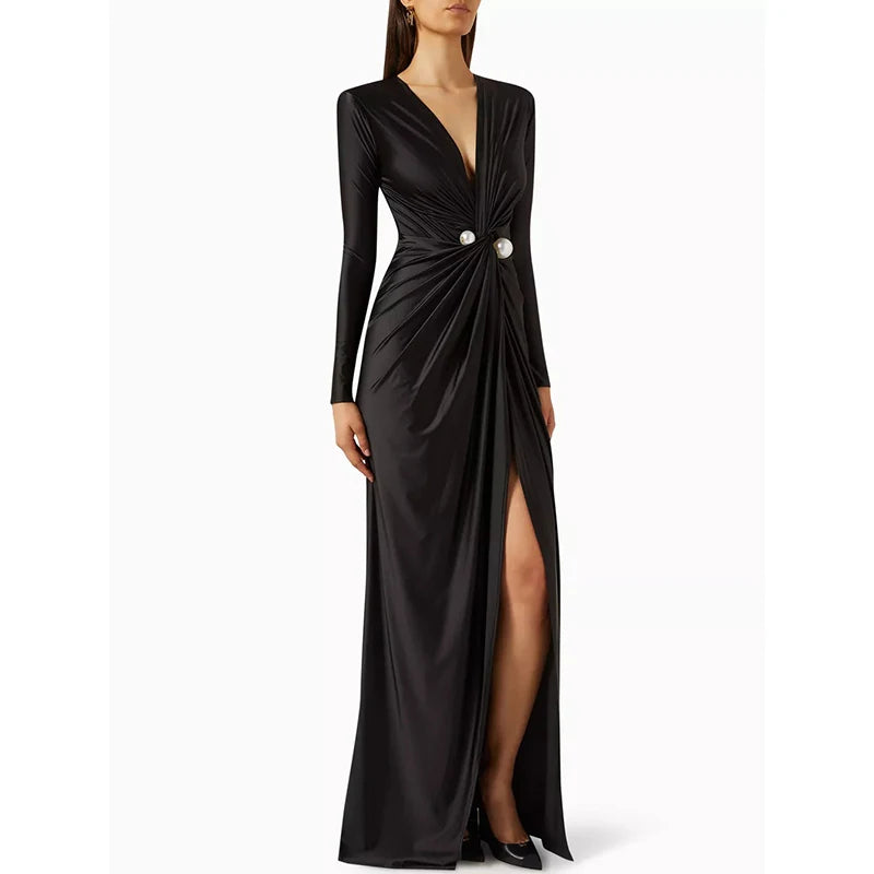 Fashion Bodycon Long Sleeves Pleated Solid Color Split-Front Tied Waist Deep V-Neck Maxi Dresses for Evening Banquet