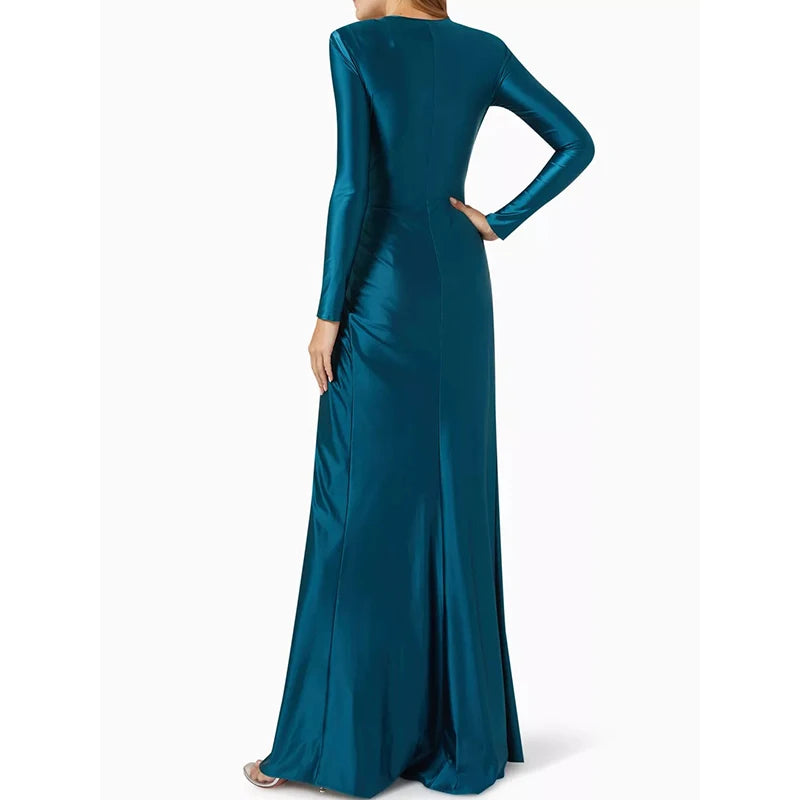 Fashion Bodycon Long Sleeves Pleated Solid Color Split-Front Tied Waist Deep V-Neck Maxi Dresses for Evening Banquet