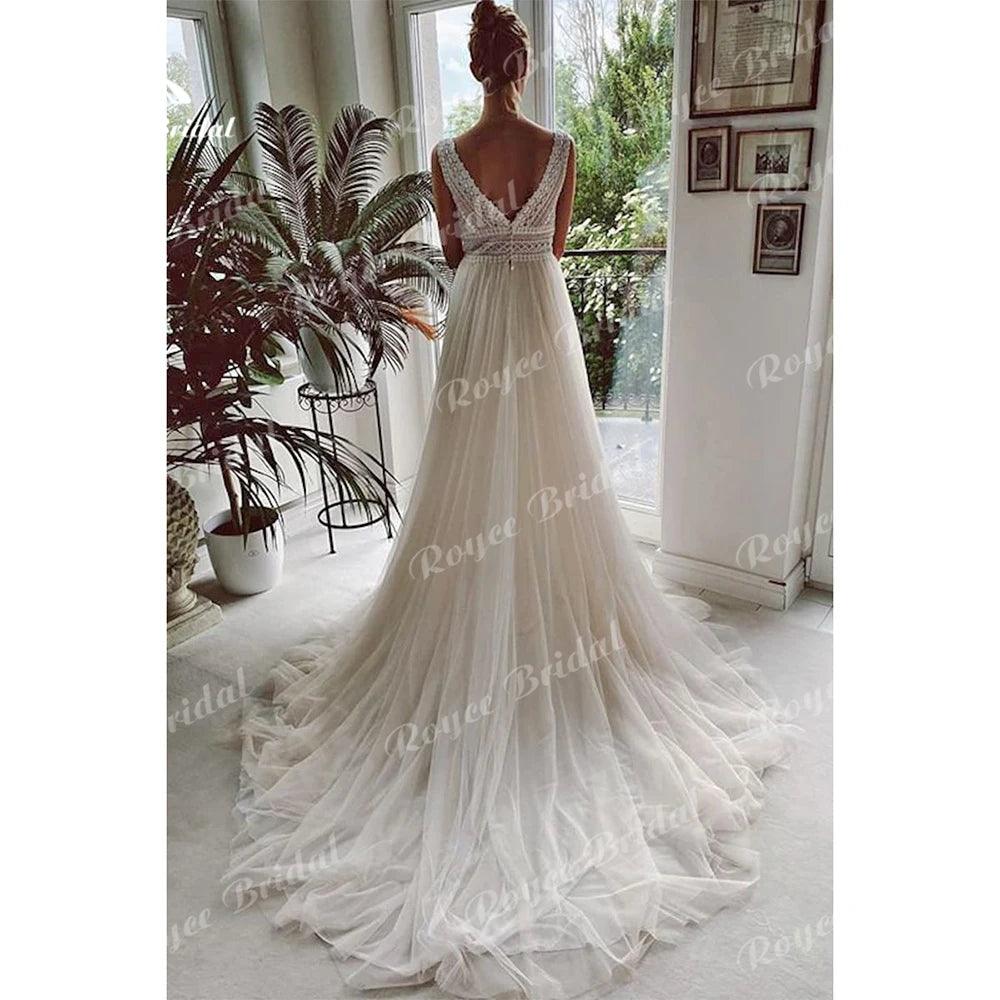 Boho Wedding Dresses 2024 V Neck Beach Lace Bridal Wedding Gowns Elegant Bohemian Tulle A Line Bridal Dress vestidos de novia - Trendy Mix