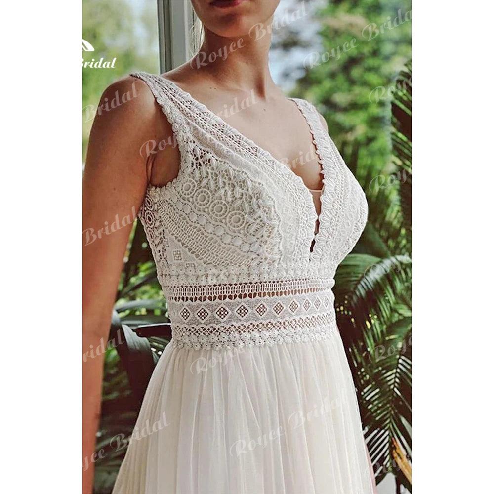 Boho Wedding Dresses 2024 V Neck Beach Lace Bridal Wedding Gowns Elegant Bohemian Tulle A Line Bridal Dress vestidos de novia - Trendy Mix