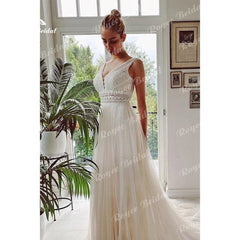 Boho Wedding Dresses 2024 V Neck Beach Lace Bridal Wedding Gowns Elegant Bohemian Tulle A Line Bridal Dress vestidos de novia - Trendy Mix