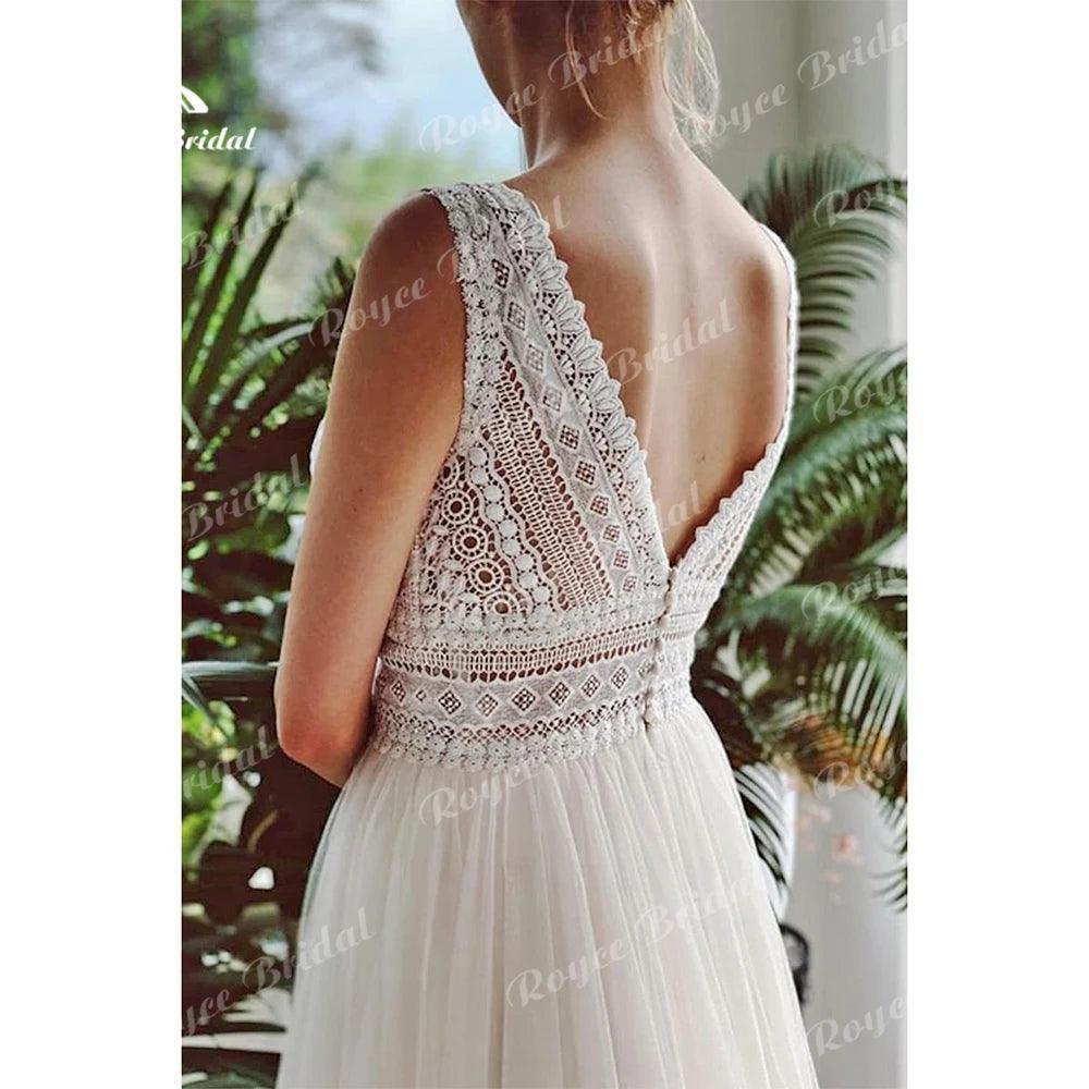 Boho Wedding Dresses 2024 V Neck Beach Lace Bridal Wedding Gowns Elegant Bohemian Tulle A Line Bridal Dress vestidos de novia - Trendy Mix