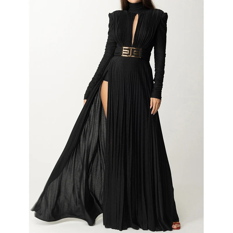 Radiant Grace Pleated High-Neck Maxi Dress – Long Sleeves & V-Back Evening Elegance