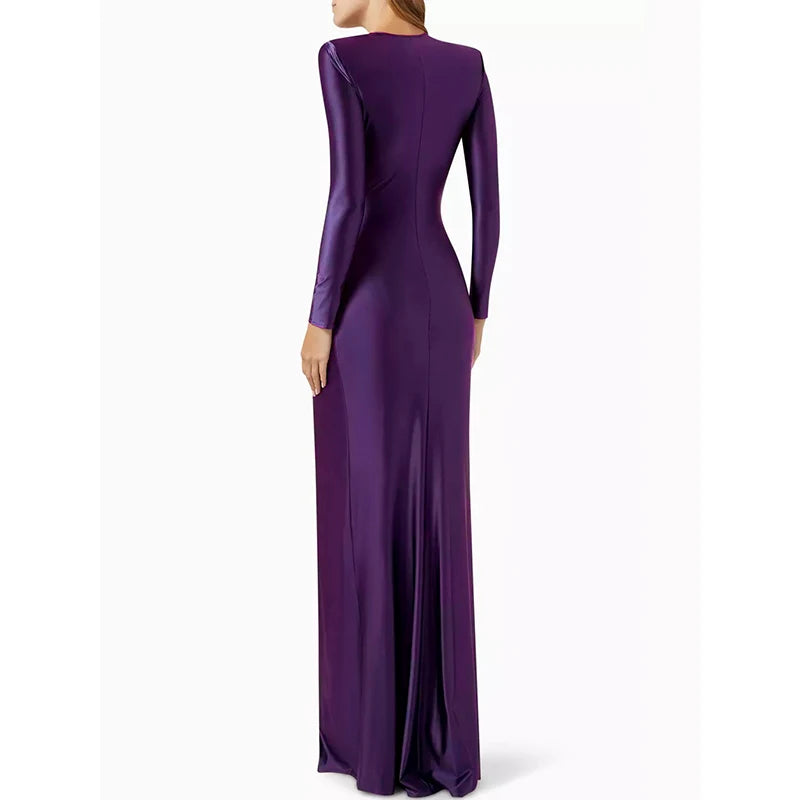 Fashion Bodycon Long Sleeves Pleated Solid Color Split-Front Tied Waist Deep V-Neck Maxi Dresses for Evening Banquet