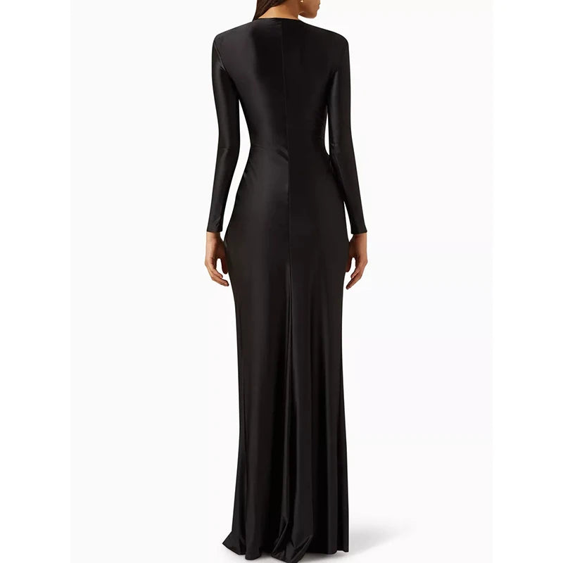 Fashion Bodycon Long Sleeves Pleated Solid Color Split-Front Tied Waist Deep V-Neck Maxi Dresses for Evening Banquet