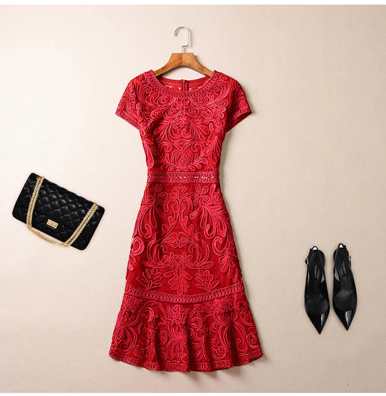 Summer Dress Women's Short Sleeve Vintage Embroidered Hollow Party Dress High Quality Dress 4XL