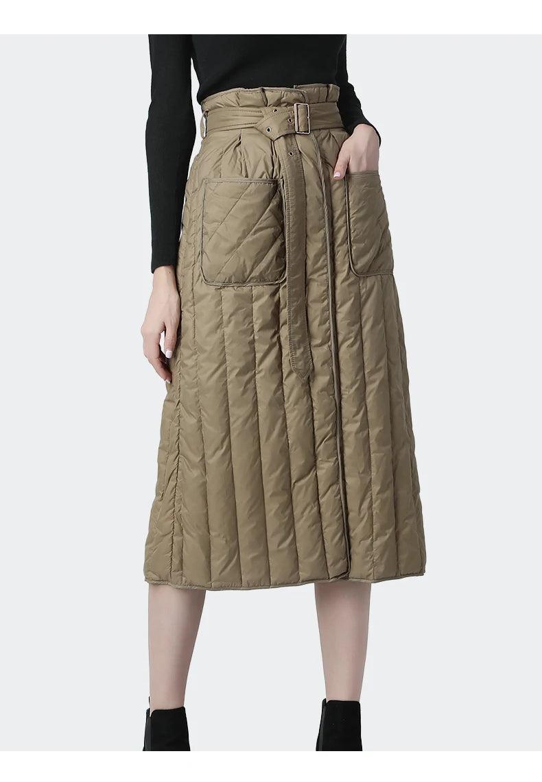 Women Winter Down Skirt High Waist A-Line Warm White Duck Down Skirts With Pockets Belt Lace-Up Plus Size Lady Casual Long Skirt