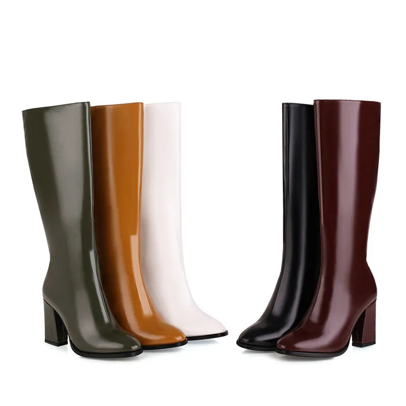 5 Color Winter High Heel Boots Pu Leather White Black Green Yellow Womens Mid Long Riding Boots Plus Size Shoes