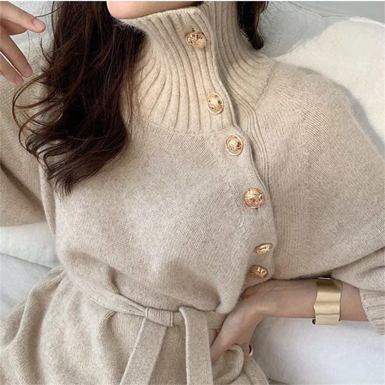 Women's Knitted Dress Autumn Winter Turtleneck Buttons Full Sleeve Korean Dresses Warm Vestidos Female Clothes for New Year 2024