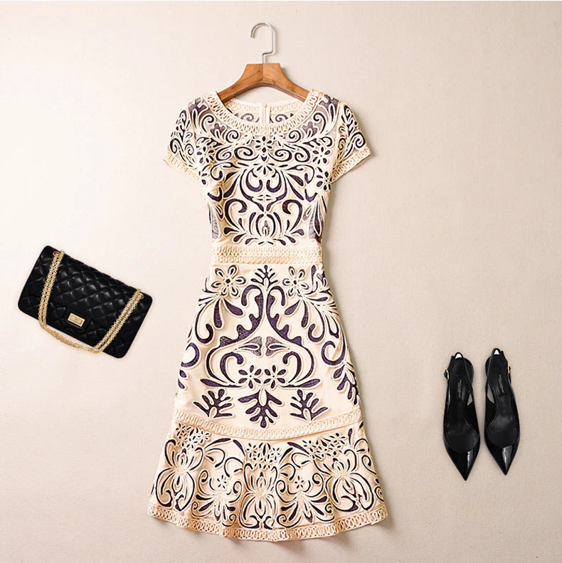 Summer Dress Women's Short Sleeve Vintage Embroidered Hollow Party Dress High Quality Dress 4XL