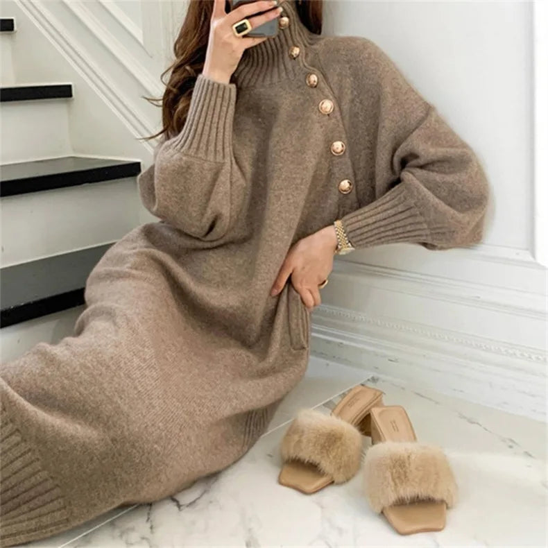 Women's Knitted Dress Autumn Winter Turtleneck Buttons Full Sleeve Korean Dresses Warm Vestidos Female Clothes for New Year 2024