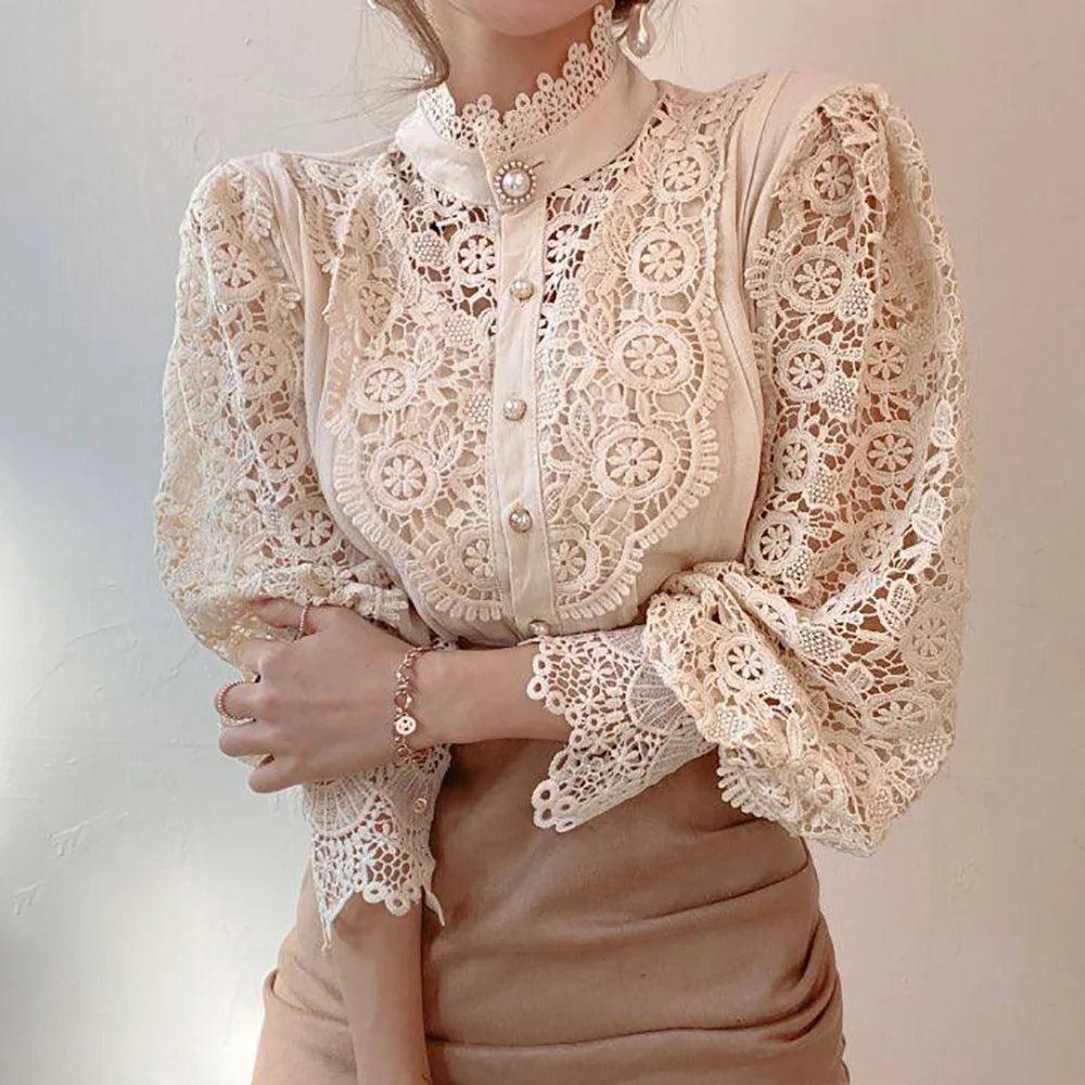 Chic Lace Collar Puff Sleeve Blouse - Trendy Mix