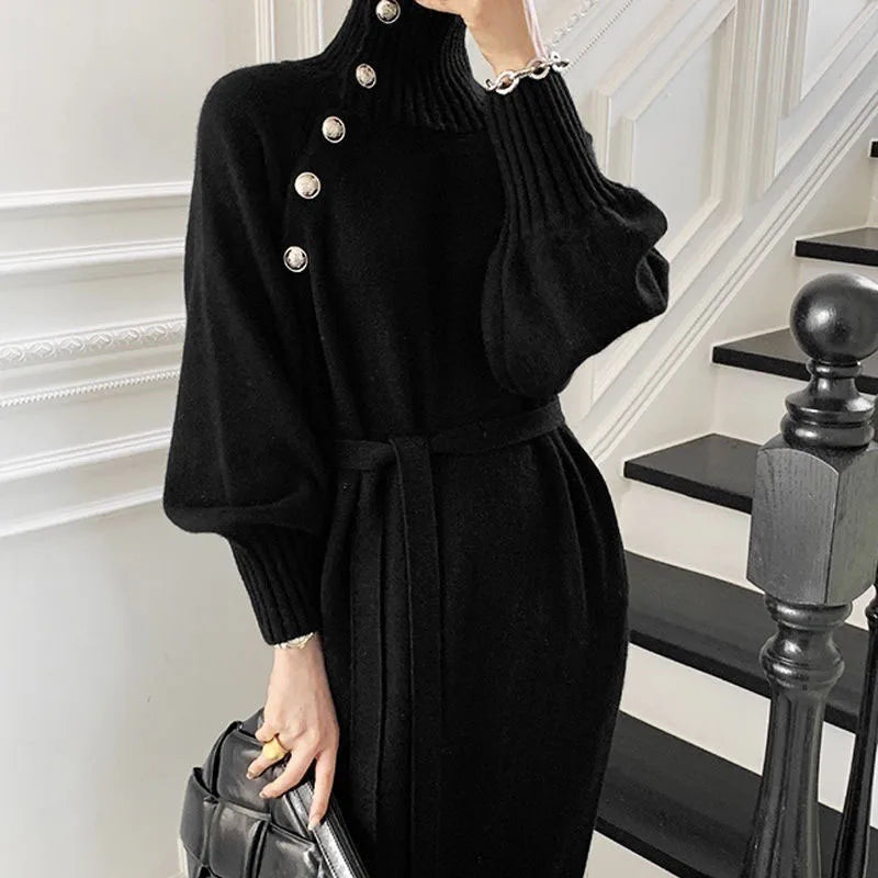 Women's Knitted Dress Autumn Winter Turtleneck Buttons Full Sleeve Korean Dresses Warm Vestidos Female Clothes for New Year 2024