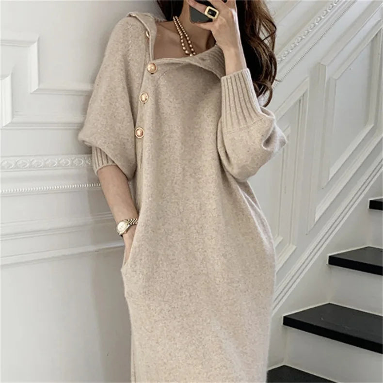 Women's Knitted Dress Autumn Winter Turtleneck Buttons Full Sleeve Korean Dresses Warm Vestidos Female Clothes for New Year 2024