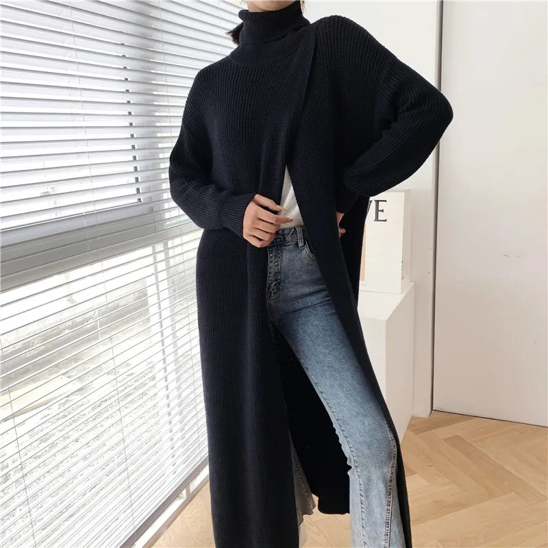 Women's Long Turtleneck Sweater Design Pullover Base With Split Fit Long Sleeve 2024 New Kintted Clothes Famale