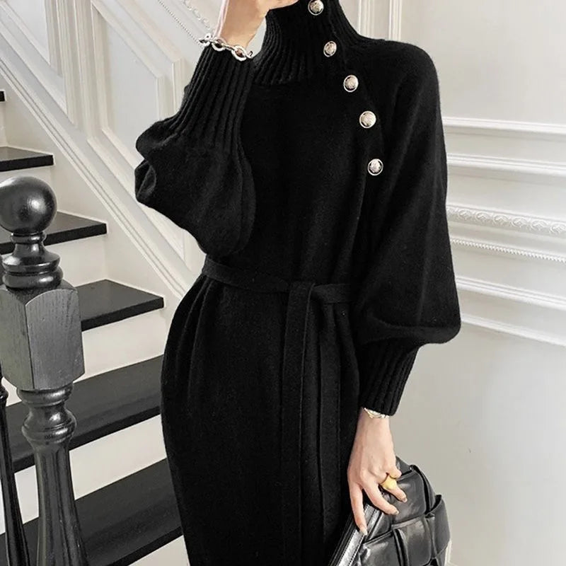 Women's Knitted Dress Autumn Winter Turtleneck Buttons Full Sleeve Korean Dresses Warm Vestidos Female Clothes for New Year 2024