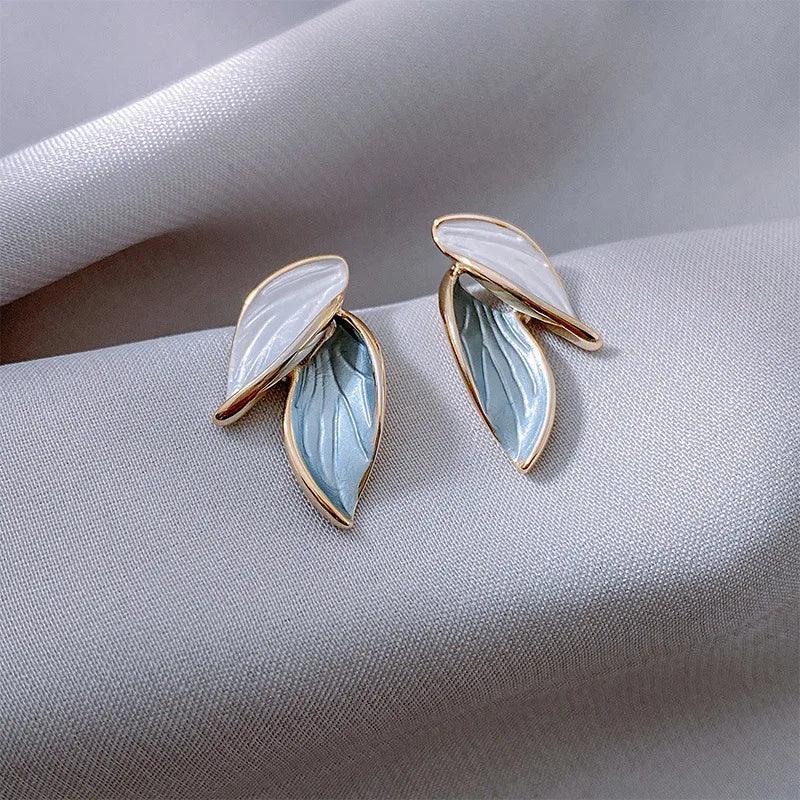 2024 Blue And White Metal Leaf Earrings Women's - Trendy Mix