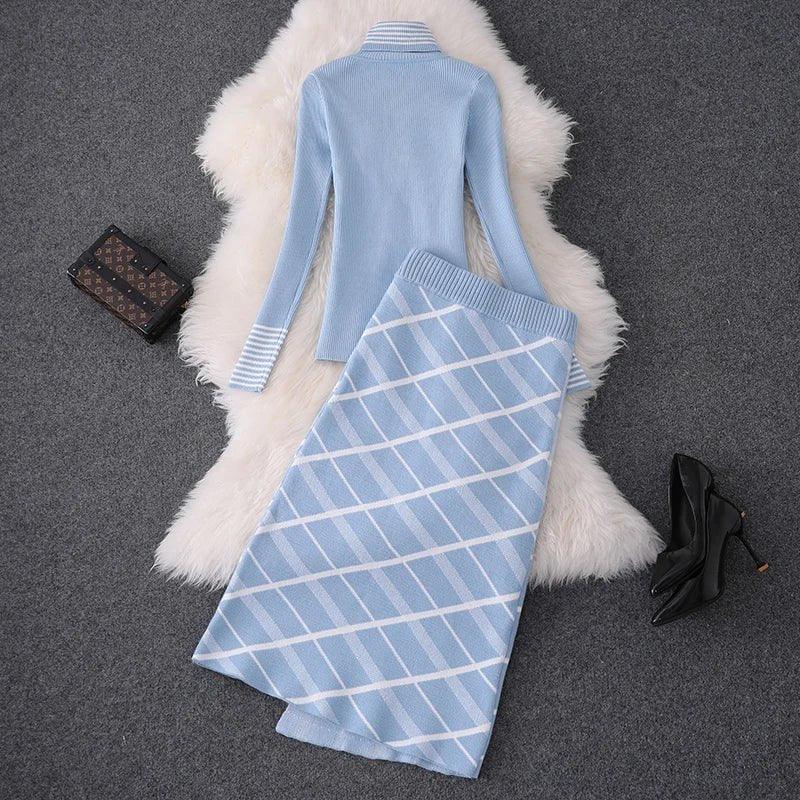 2024 Autumn Top Brand Designer Lady Twinset Women Sweater Skirt Two Piece Set Winter High Neck Knitted Top+Plaid Skirt Suit Sets - Trendy Mix