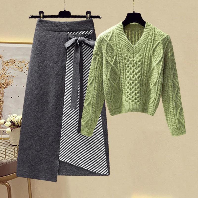 Women Autumn Winter Warm Knitted Two Pieces Sets Korean Long Sleeve Pullover Sweater Top And High Waist Skirts Sets