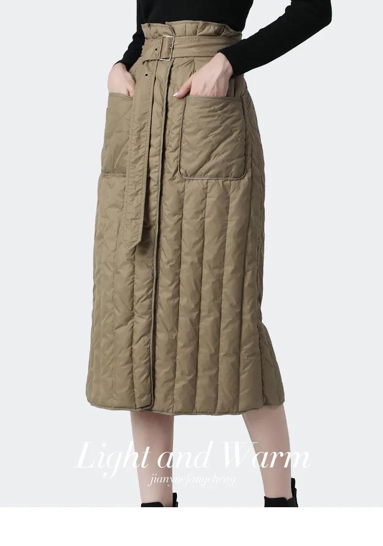 Women Winter Down Skirt High Waist A-Line Warm White Duck Down Skirts With Pockets Belt Lace-Up Plus Size Lady Casual Long Skirt