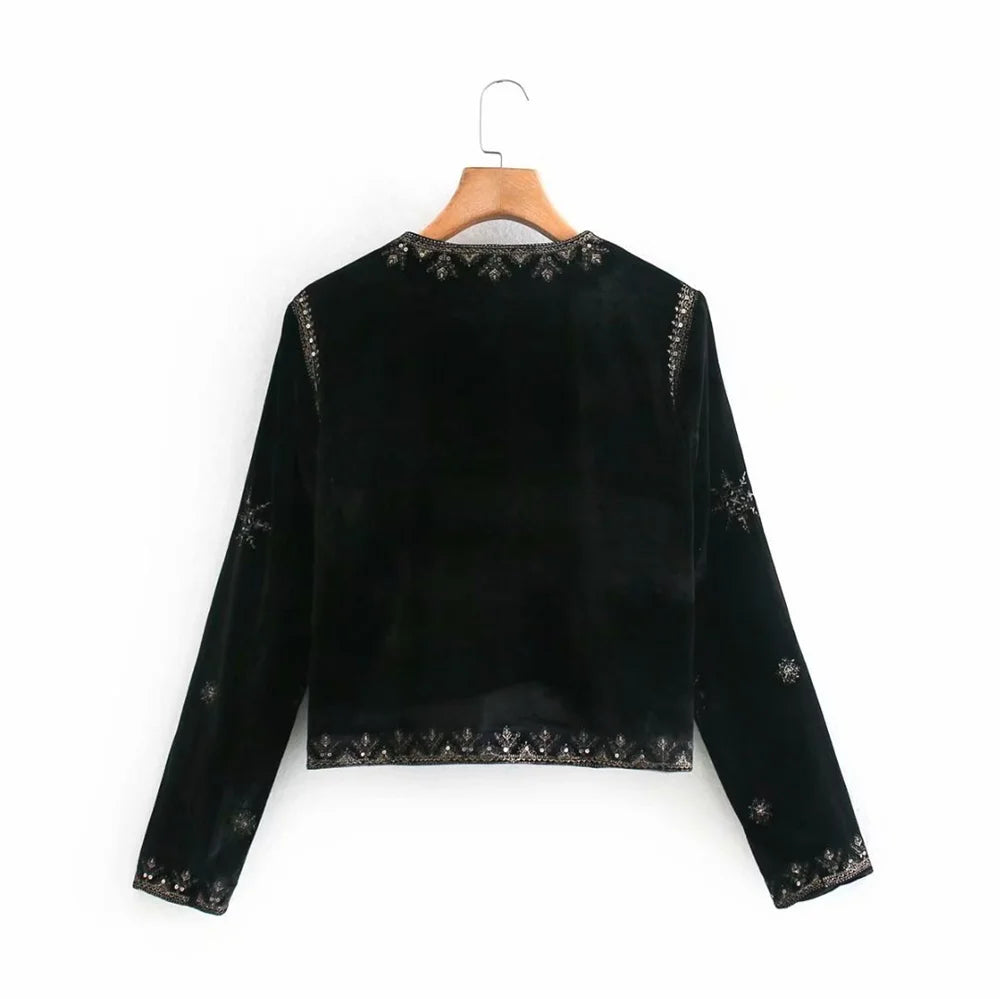 Women's Retro Palace Style Heavy Industry Embroidery Sequins Decorative Velvet Short Cardigan Jacket Autumn And Winter