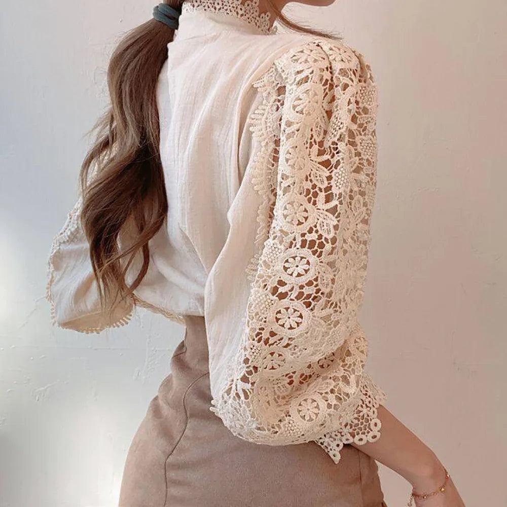 Chic Lace Collar Puff Sleeve Blouse - Trendy Mix