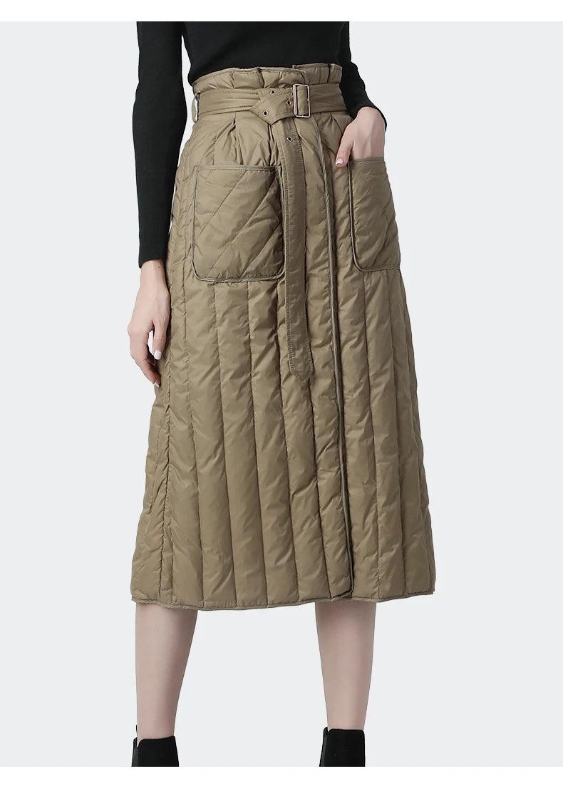 Women Winter Down Skirt High Waist A-Line Warm White Duck Down Skirts With Pockets Belt Lace-Up Plus Size Lady Casual Long Skirt