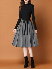 Vintage Elegant Knitted Sweater Pleated Dresses New Winter Women Long Sleeve Office Lady Casual Midi