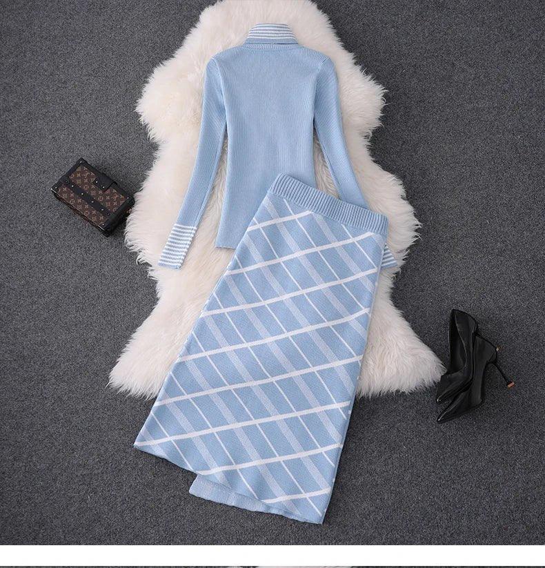 2024 Autumn Top Brand Designer Lady Twinset Women Sweater Skirt Two Piece Set Winter High Neck Knitted Top+Plaid Skirt Suit Sets - Trendy Mix