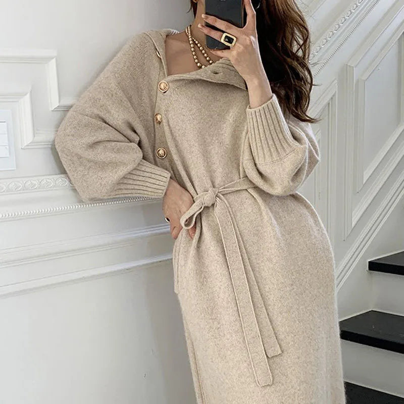 Women's Knitted Dress Autumn Winter Turtleneck Buttons Full Sleeve Korean Dresses Warm Vestidos Female Clothes for New Year 2024