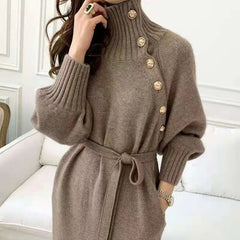 Women's Knitted Dress Autumn Winter Turtleneck Buttons Full Sleeve Korean Dresses Warm Vestidos Female Clothes for New Year 2024