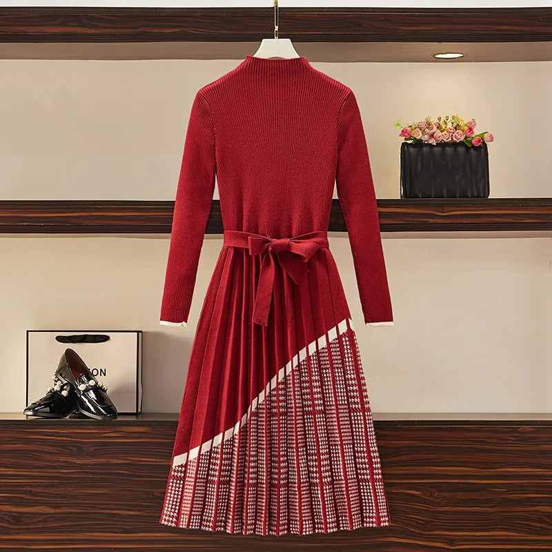 Office Lady Autumn Red Black Knitting Sweater Dress Women's Elegant Houndstooth Patchwork Pleated Knit Dress Plus Size Vestidos