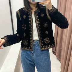 Women's Retro Palace Style Heavy Industry Embroidery Sequins Decorative Velvet Short Cardigan Jacket Autumn And Winter