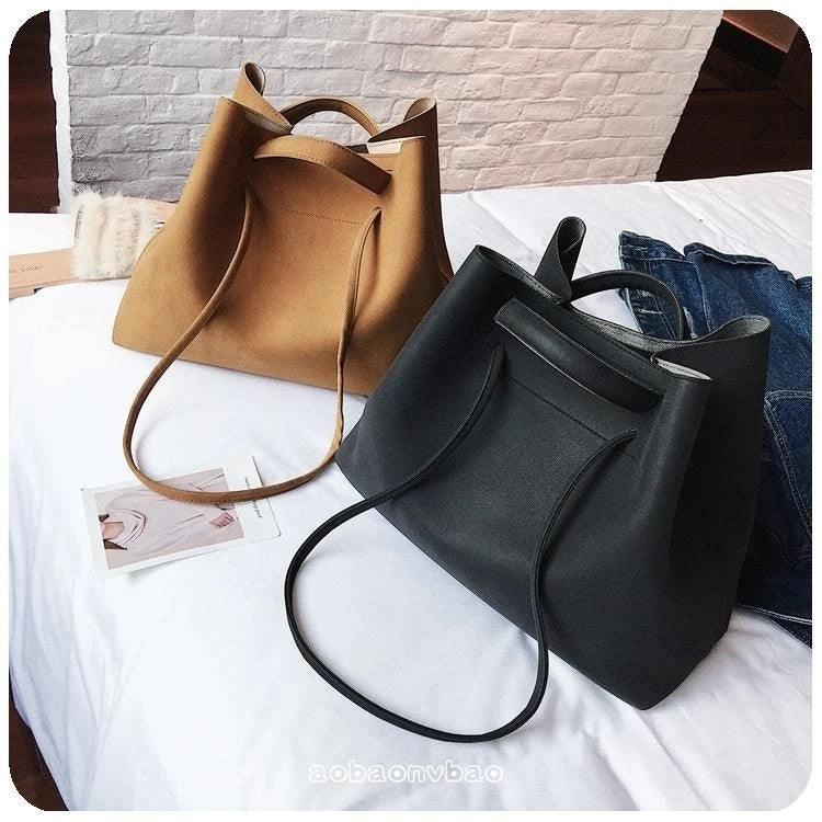 Casual Matte Leather Bucket Bag – Large-Capacity Designer Shoulder Purse