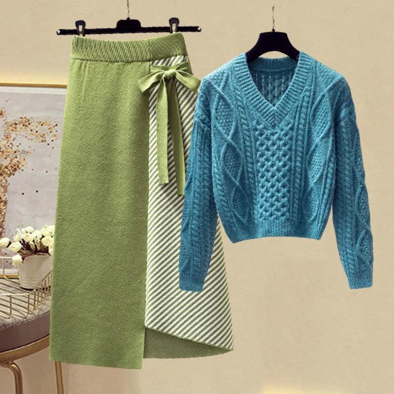 Women Autumn Winter Warm Knitted Two Pieces Sets Korean Long Sleeve Pullover Sweater Top And High Waist Skirts Sets