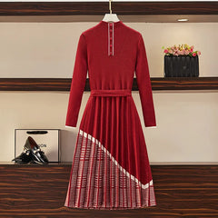 Office Lady Autumn Red Black Knitting Sweater Dress Women's Elegant Houndstooth Patchwork Pleated Knit Dress Plus Size Vestidos