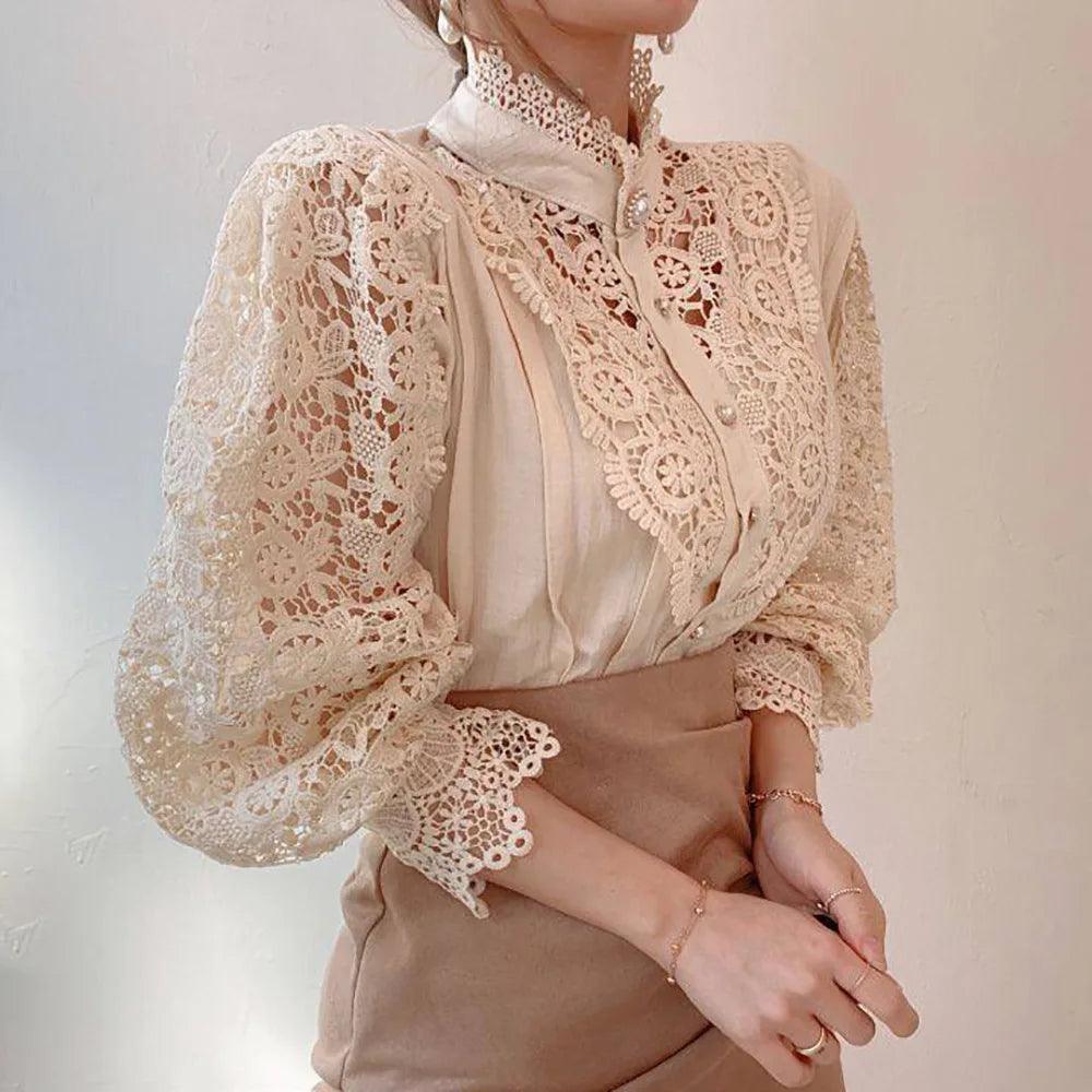 Chic Lace Collar Puff Sleeve Blouse - Trendy Mix