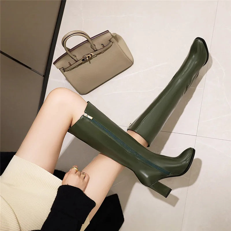 5 Color Winter High Heel Boots Pu Leather White Black Green Yellow Womens Mid Long Riding Boots Plus Size Shoes