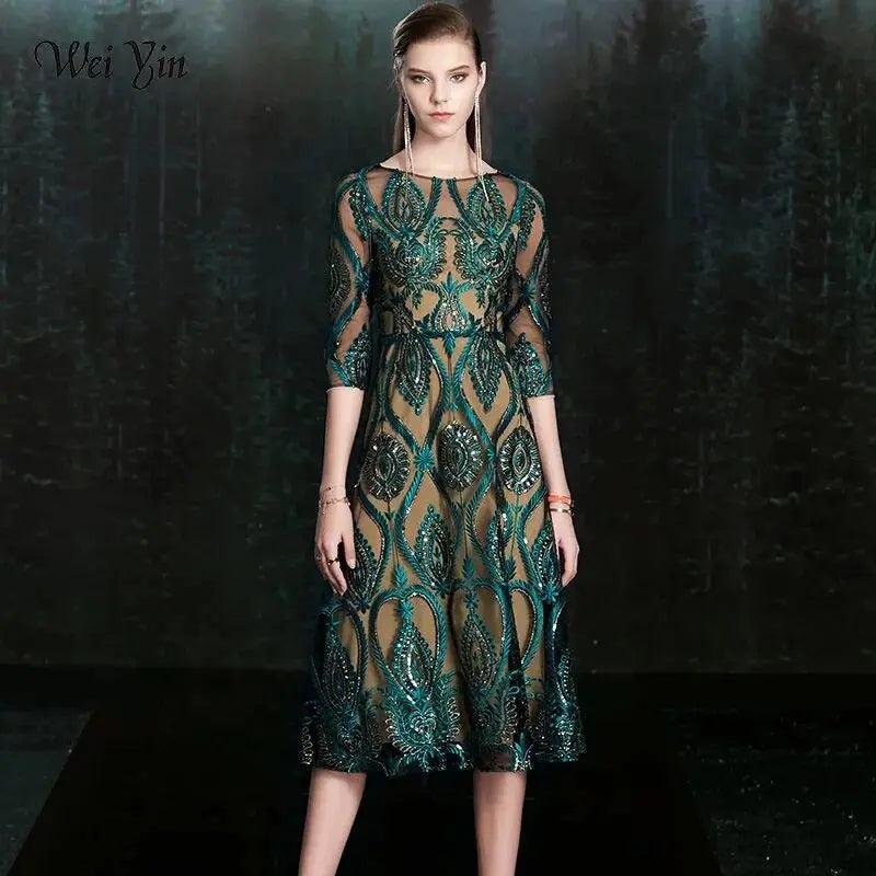 Green Sequin O-Neck Evening Dresses Half Sleeve Women Party Gowns - Trendy Mix