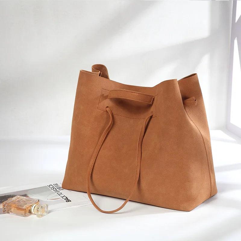 Casual Matte Leather Bucket Bag – Large-Capacity Designer Shoulder Purse