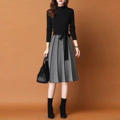 Vintage Elegant Knitted Sweater Pleated Dresses New Winter Women Long Sleeve Office Lady Casual Midi