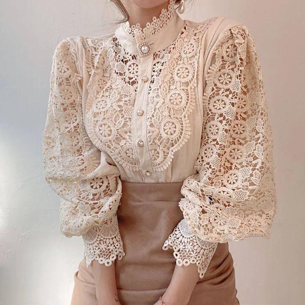 Chic Lace Collar Puff Sleeve Blouse - Trendy Mix