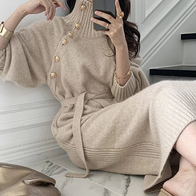 Women's Knitted Dress Autumn Winter Turtleneck Buttons Full Sleeve Korean Dresses Warm Vestidos Female Clothes for New Year 2024