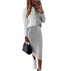 Casual two-piece suit autumn high-neck women's suit Heart  print long-sleeved knitted top bag hip over knee skirt suit sportswea