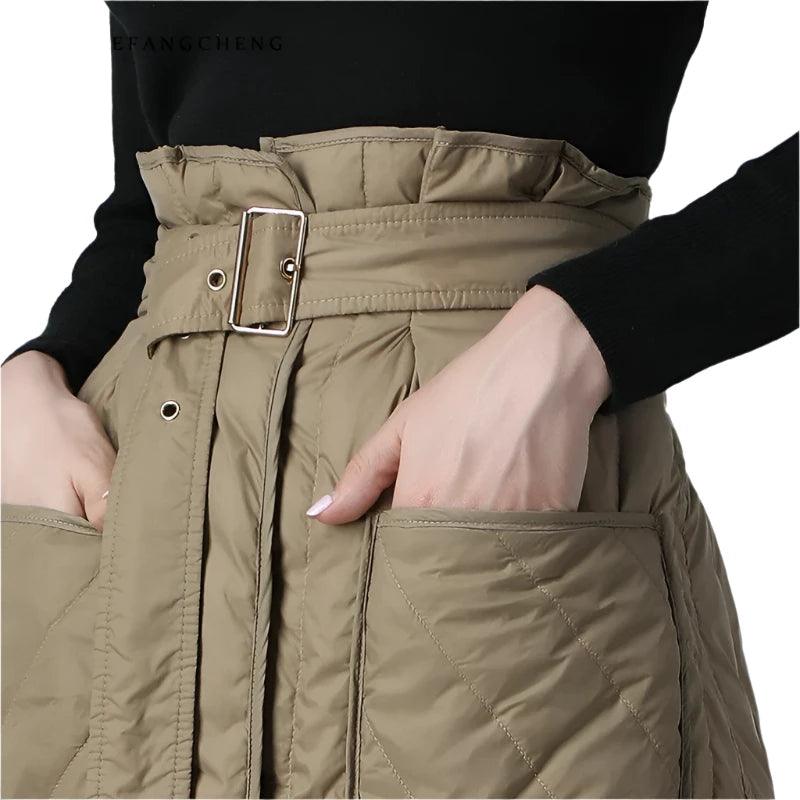 Women Winter Down Skirt High Waist A-Line Warm White Duck Down Skirts With Pockets Belt Lace-Up Plus Size Lady Casual Long Skirt