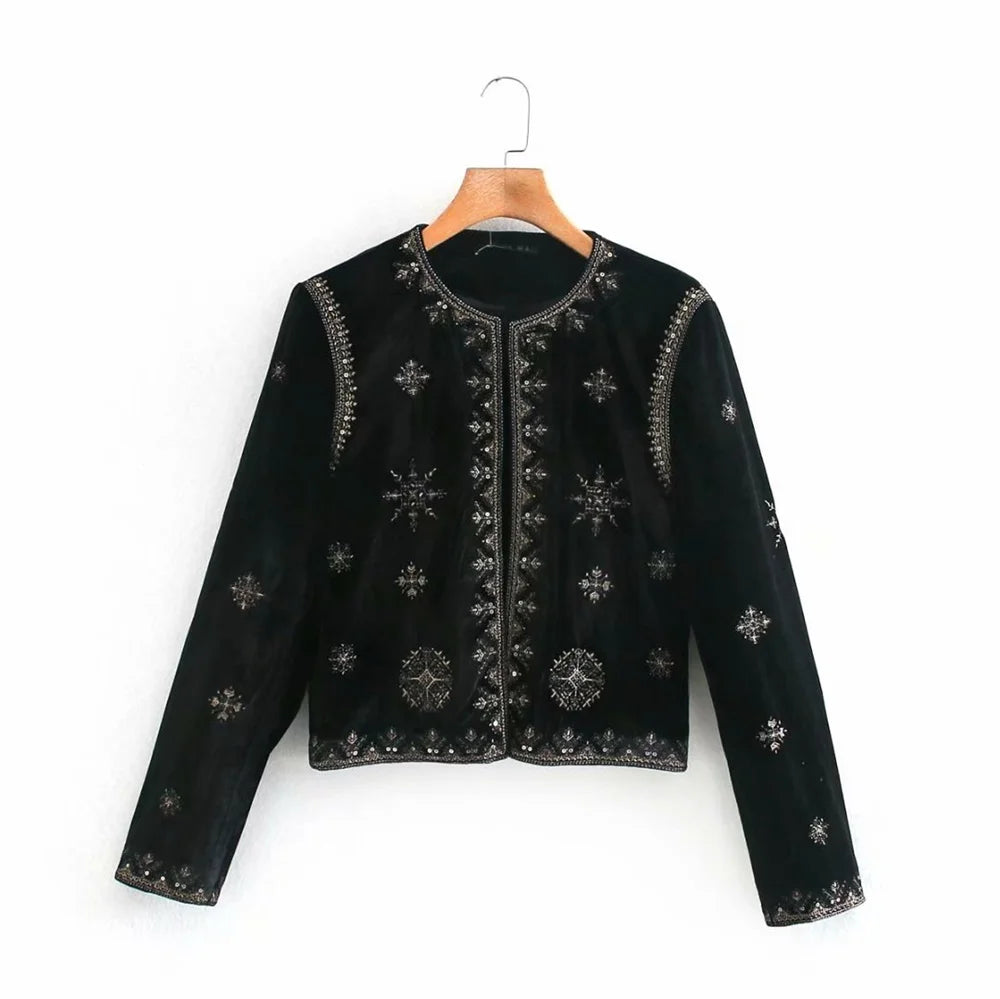 Women's Retro Palace Style Heavy Industry Embroidery Sequins Decorative Velvet Short Cardigan Jacket Autumn And Winter