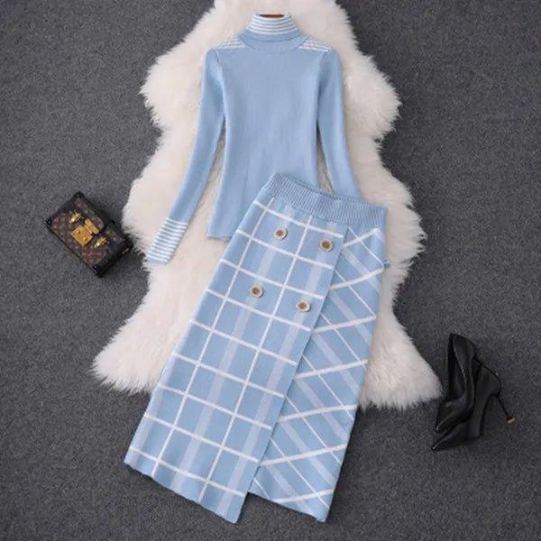 2024 Autumn Top Brand Designer Lady Twinset Women Sweater Skirt Two Piece Set Winter High Neck Knitted Top+Plaid Skirt Suit Sets - Trendy Mix