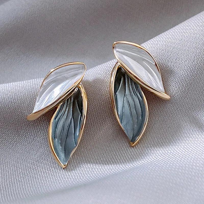 2024 Blue And White Metal Leaf Earrings Women's - Trendy Mix