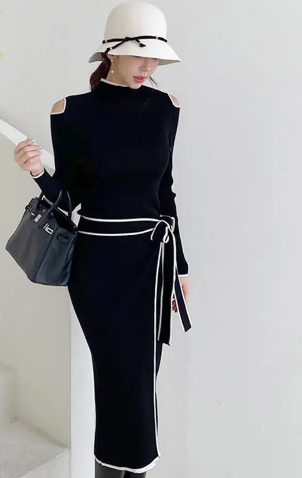 Autumn Elegant OL Lace up Strapless Elastic Knit Pullover Sweater Long Dress Black Sheath Pencil Knitted Dresses